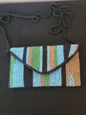 Beaded Stripe Envelope Crossbody - Blue Green Brown and Black.